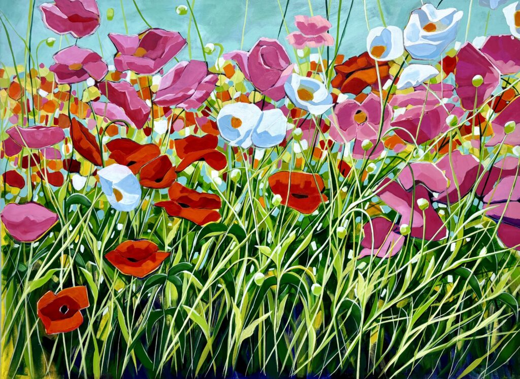 Cindy Kaufman&nbsp;• <em>Poppy Garden</em>&nbsp;• Acrylic on gallery-wrapped canvas&nbsp;• 48″×&nbsp;36″&nbsp;• $1,800.00<a class="purchase" href="https://state-of-the-art-gallery.square.site/product/cindy-kaufman-poppy-garden/C3CKGZLBE4YUW67V6SKAF24O" target="_blank">Buy</a>