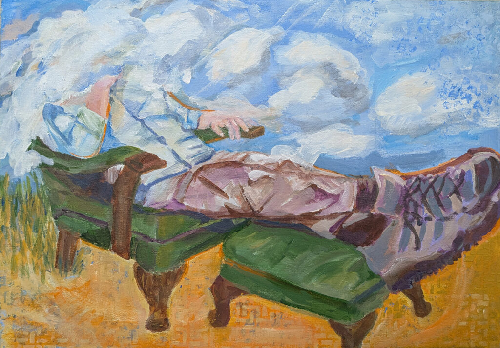 Katrina Morse&nbsp;• <em>Head in the Clouds</em>&nbsp;• Acrylic on canvas&nbsp;• 20″×&nbsp;14″&nbsp;• $400.00<a class="purchase" href="https://state-of-the-art-gallery.square.site/product/katrina-morse-head-in-the-clouds/L47FNQFEMCYMEAHBXS2U6KCT" target="_blank">Buy</a>