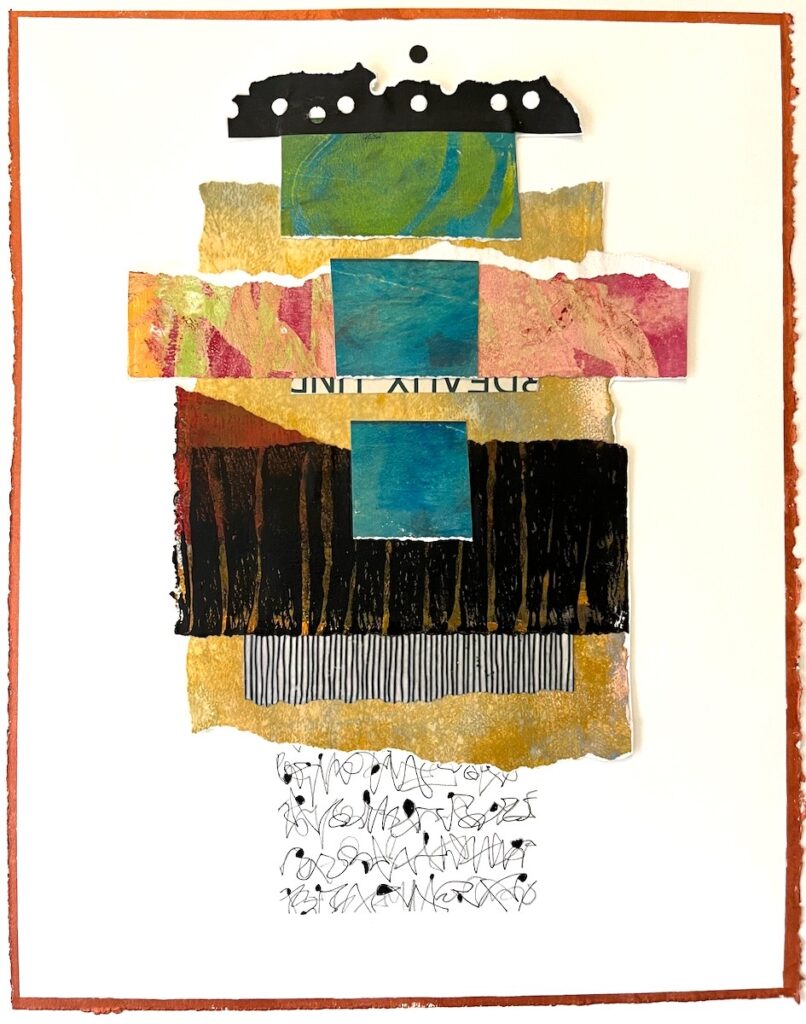 Carol Spence&nbsp;• <em>Prose</em>&nbsp;• Mixed media collage&nbsp;• 16″×&nbsp;20″&nbsp;• $325.00<a class="purchase" href="https://state-of-the-art-gallery.square.site/product/carol-spence-prose/FC47DOTT42D7FDVXGRW5IE3R" target="_blank">Buy</a>