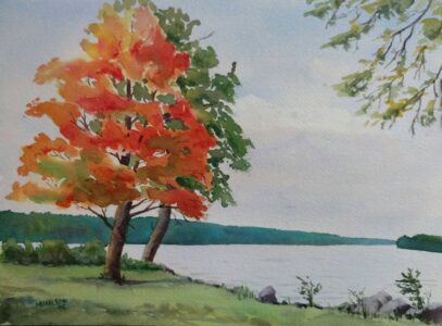 Annemiek Haralson&nbsp;• <em>Cayuga Lake in Fall</em>&nbsp;• Watercolor&nbsp;• 12″×&nbsp;9″&nbsp;• $250.00