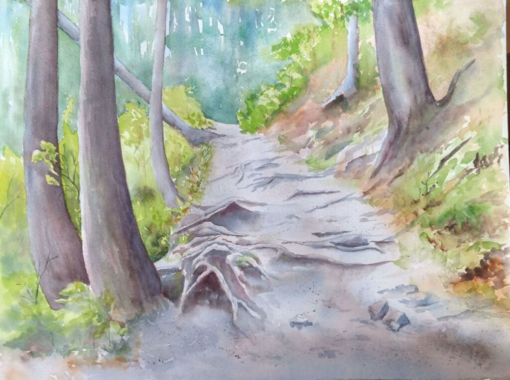 Annemiek Haralson&nbsp;• <em>The Road Less Traveled</em>&nbsp;• Watercolor&nbsp;• 16″×&nbsp;12″&nbsp;• $295.00<a class="purchase" href="https://state-of-the-art-gallery.square.site/product/annemiek-haralson-the-road-less-traveled/EYBYGDNIVOR25WK3BO52XXLZ" target="_blank">Buy</a>
