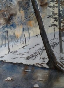 Annemiek Haralson&nbsp;• <em>Winter Light</em>&nbsp;• Watercolor&nbsp;• 9″×&nbsp;12″&nbsp;• $250.00