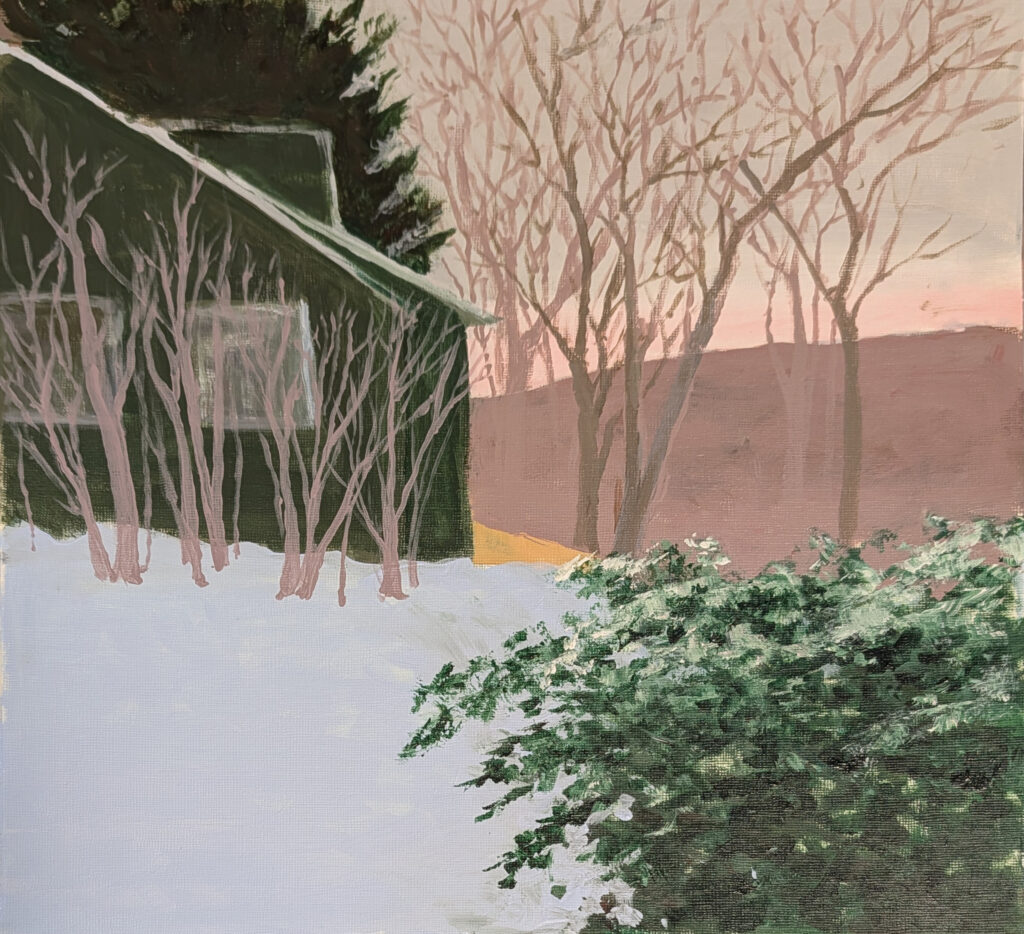 Diana Ozolins&nbsp;• <em>Winter Dawn House</em>&nbsp;• Acrylic on canvas&nbsp;• 12″×&nbsp;12″&nbsp;• $300.00<a class="purchase" href="https://state-of-the-art-gallery.square.site/product/diana-ozolins-winter-dawn-house/VEN7WOLBYBB63RG4S5BTR3OF" target="_blank">Buy</a>