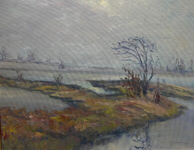 Hsiao-Pei Yang&nbsp;• <em>Fog Over Tupper Lake</em>&nbsp;• Oil on canvas&nbsp;• 20″×&nbsp;16″&nbsp;• $750.00