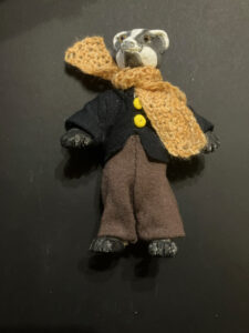 Margy Nelson&nbsp;• <em>Winter Wardrobe 4 (Badger)</em>&nbsp;• Mixed media&nbsp;• 8″×&nbsp;8″×&nbsp;3″&nbsp;• NFS