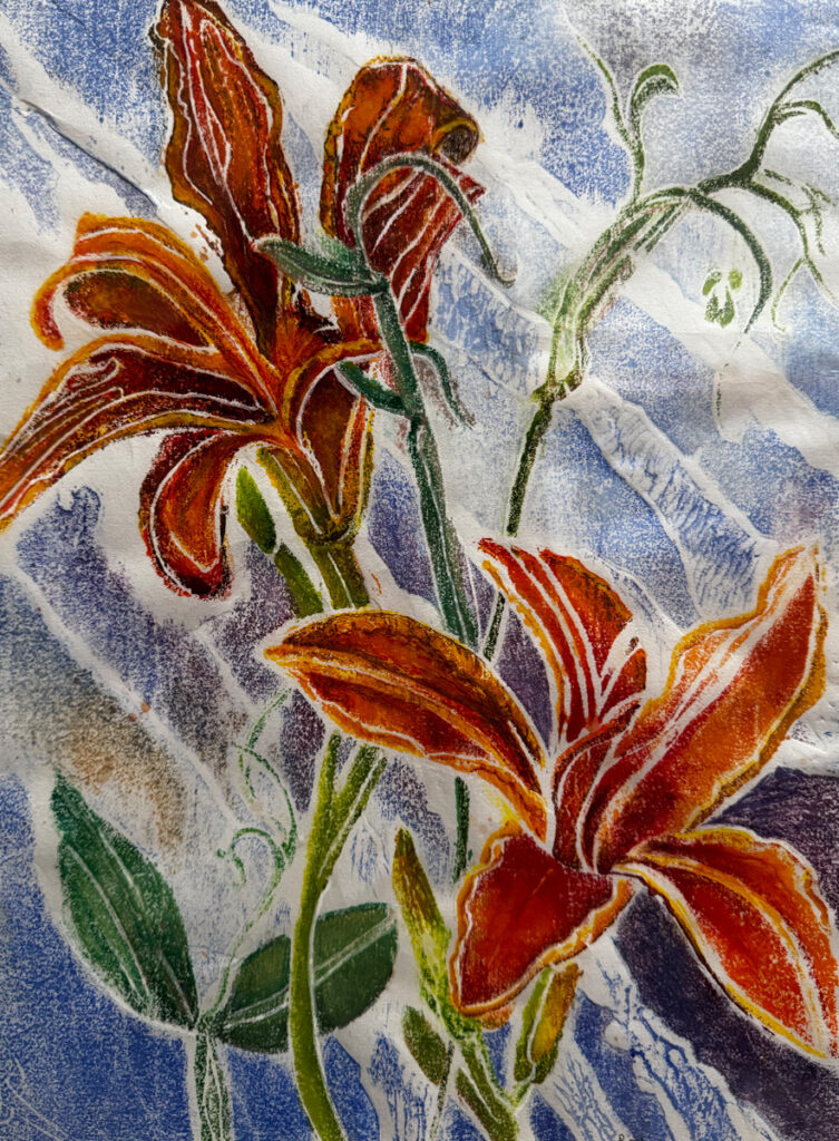Patricia Hunsinger&nbsp;• <em>Day Lilies II</em>&nbsp;• White line woodblock print on hosho paper&nbsp;• 11″×&nbsp;14″&nbsp;• $450.00<a class="purchase" href="https://state-of-the-art-gallery.square.site/product/patricia-hunsinger-day-lilies-ii/MKXIMC4RSKG45TXUYOG5DVAJ" target="_blank">Buy</a>