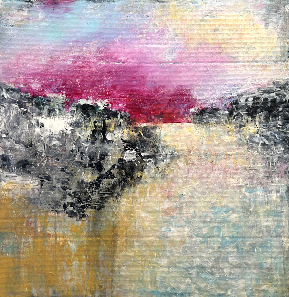 Darcy Binns&nbsp;• <em>The Colors of Snow</em>&nbsp;• Acrylic on corrugated cardboard, framed&nbsp;• 20¼″×&nbsp;21¼″&nbsp;• $300.00