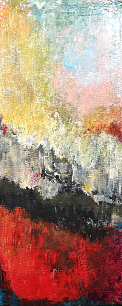 Darcy Binns&nbsp;• <em>End of Season</em>&nbsp;• Acrylic on corrugated cardboard, framed&nbsp;• 15″×&nbsp;34″&nbsp;• $350.00