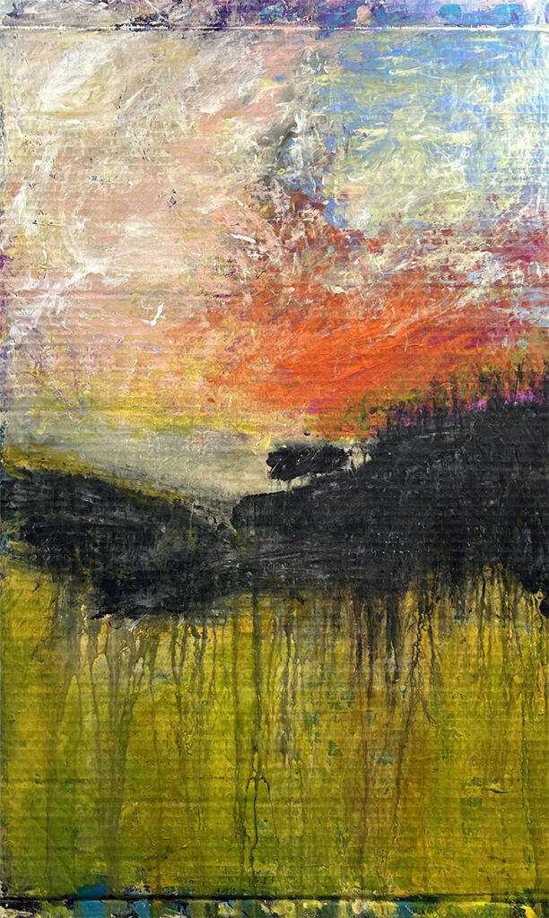Darcy Binns&nbsp;• <em>End of Summer</em>&nbsp;• Acrylic on corrugated cardboard, framed&nbsp;• 20½″×&nbsp;34″&nbsp;• $400.00