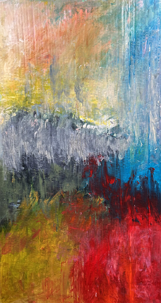 Darcy Binns&nbsp;• <em>Fall Begins Part 1</em>&nbsp;• Acrylic on corrugated cardboard, framed&nbsp;• 20¼″×&nbsp;36″&nbsp;• $400.00