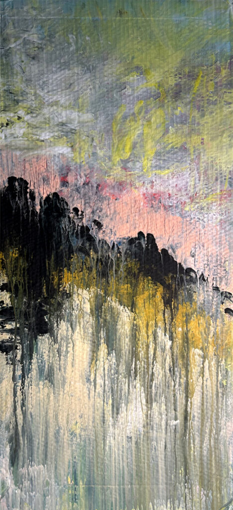 Darcy Binns&nbsp;• <em>The Hillside at Sunset</em>&nbsp;• Acrylic on corrugated cardboard, framed&nbsp;• 17½″×&nbsp;35″&nbsp;• $400.00