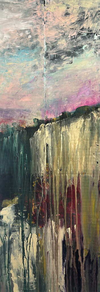 Darcy Binns&nbsp;• <em>Spring Becomes Summer Part 1</em>&nbsp;• Acrylic on corrugated cardboard, framed&nbsp;• 11¾″×&nbsp;28¾″&nbsp;• $175.00