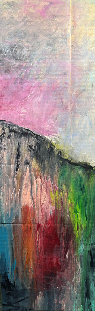 Darcy Binns&nbsp;• <em>Spring Becomes Summer Part 2</em>&nbsp;• Acrylic on corrugated cardboard, framed&nbsp;• 9″×&nbsp;28¾″&nbsp;• $150.00