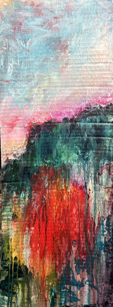 Darcy Binns&nbsp;• <em>Sumer's End</em>&nbsp;• Acrylic on corrugated cardboard, framed&nbsp;• 11¾″×&nbsp;28¾″&nbsp;• $200.00