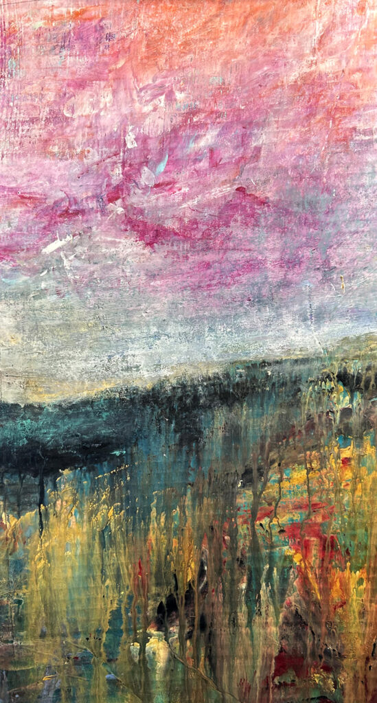 Darcy Binns&nbsp;• <em>Summer Part 1</em>&nbsp;• Acrylic on corrugated cardboard, framed&nbsp;• 13″×&nbsp;23½″&nbsp;• $150.00