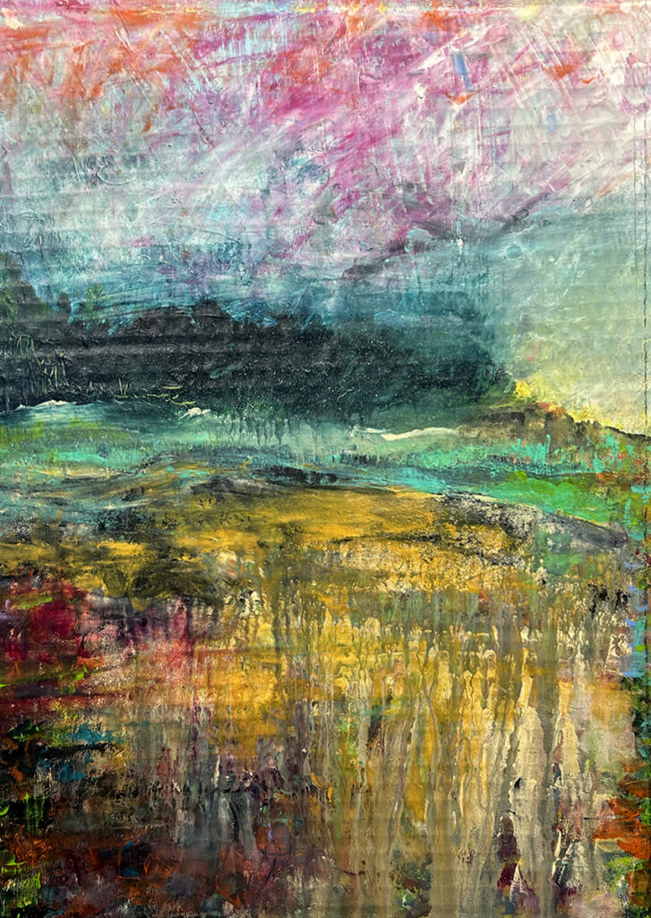 Darcy Binns&nbsp;• <em>Summer Part 2</em>&nbsp;• Acrylic on corrugated cardboard, framed&nbsp;• 13″×&nbsp;18″&nbsp;• $125.00