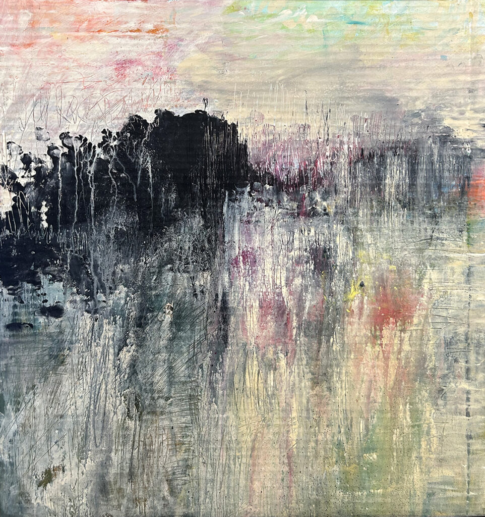 Darcy Binns&nbsp;• <em>The Trees on the Far Hill</em>&nbsp;• Acrylic on corrugated cardboard, framed&nbsp;• 22¼″×&nbsp;24″&nbsp;• $400.00