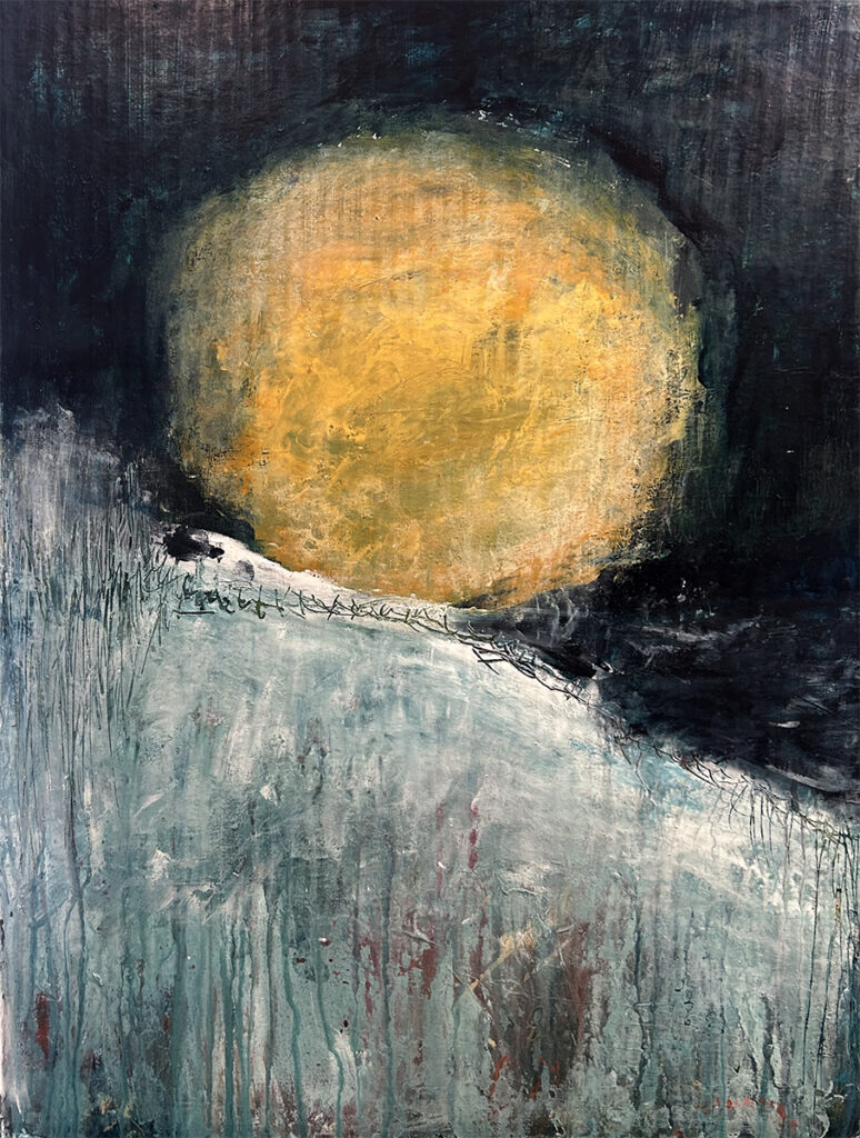 Darcy Binns&nbsp;• <em>Winter Moon</em>&nbsp;• Acrylic on corrugated cardboard, framed&nbsp;• 16½″×&nbsp;22½″&nbsp;• $200.00