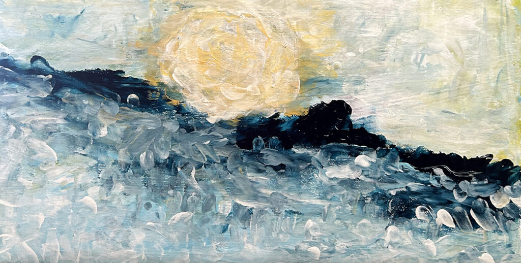 Darcy Binns&nbsp;• <em>Winter Sun</em>&nbsp;• Acrylic on corrugated cardboard, framed&nbsp;• 16½″×&nbsp;9″&nbsp;• $125.00