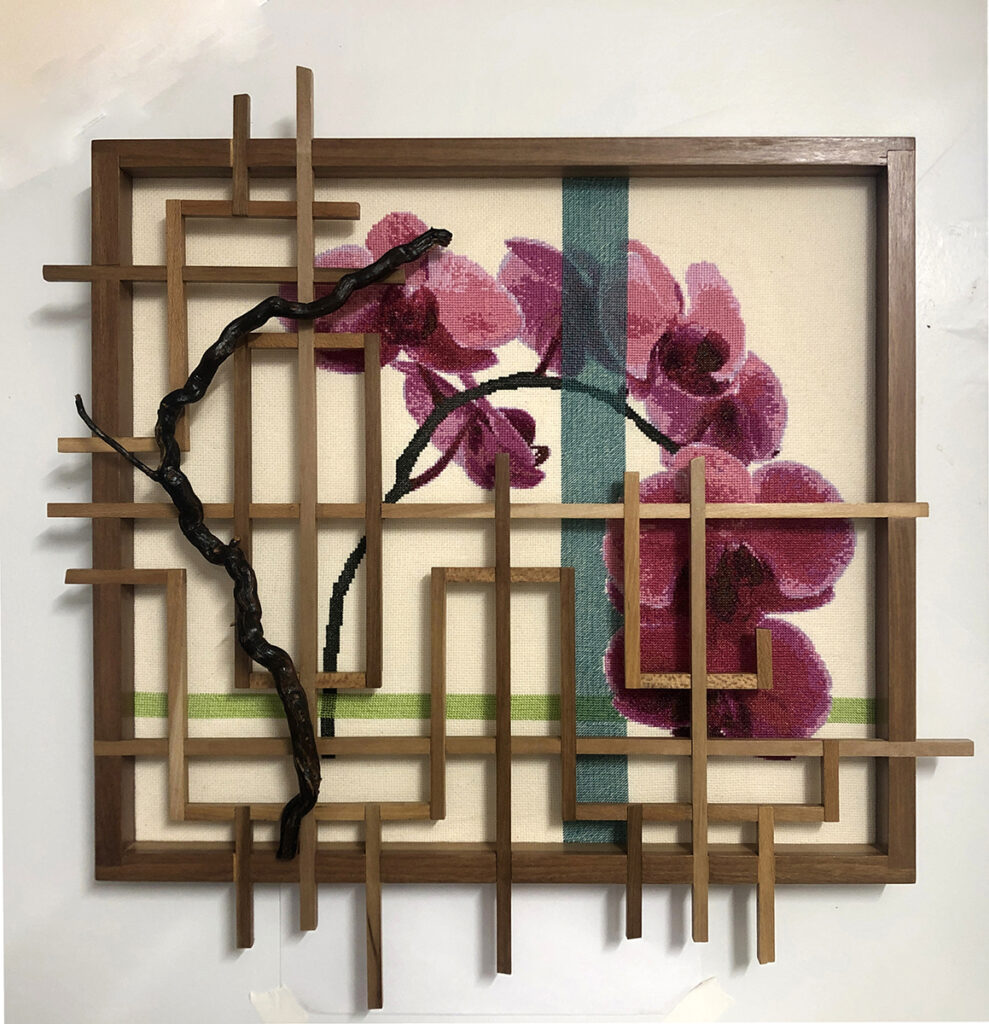 Eva Capobianco&nbsp;• <em>Orchid with Lattice I</em>&nbsp;• Cross stitch with found and reused wood&nbsp;• 24″×&nbsp;24″&nbsp;• $575.00<a class="purchase" href="https://state-of-the-art-gallery.square.site/product/eva-capobianco-orchid-with-lattice-i/UG47M6NG5LVLKDQ6RHASZFPT" target="_blank">Buy</a>