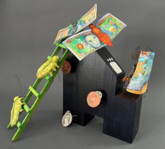 Jane Dennis&nbsp;• <em>Climbing the Ladder of Success</em>&nbsp;• Mixed media&nbsp;• 16″×&nbsp;15″×&nbsp;9″&nbsp;• POR