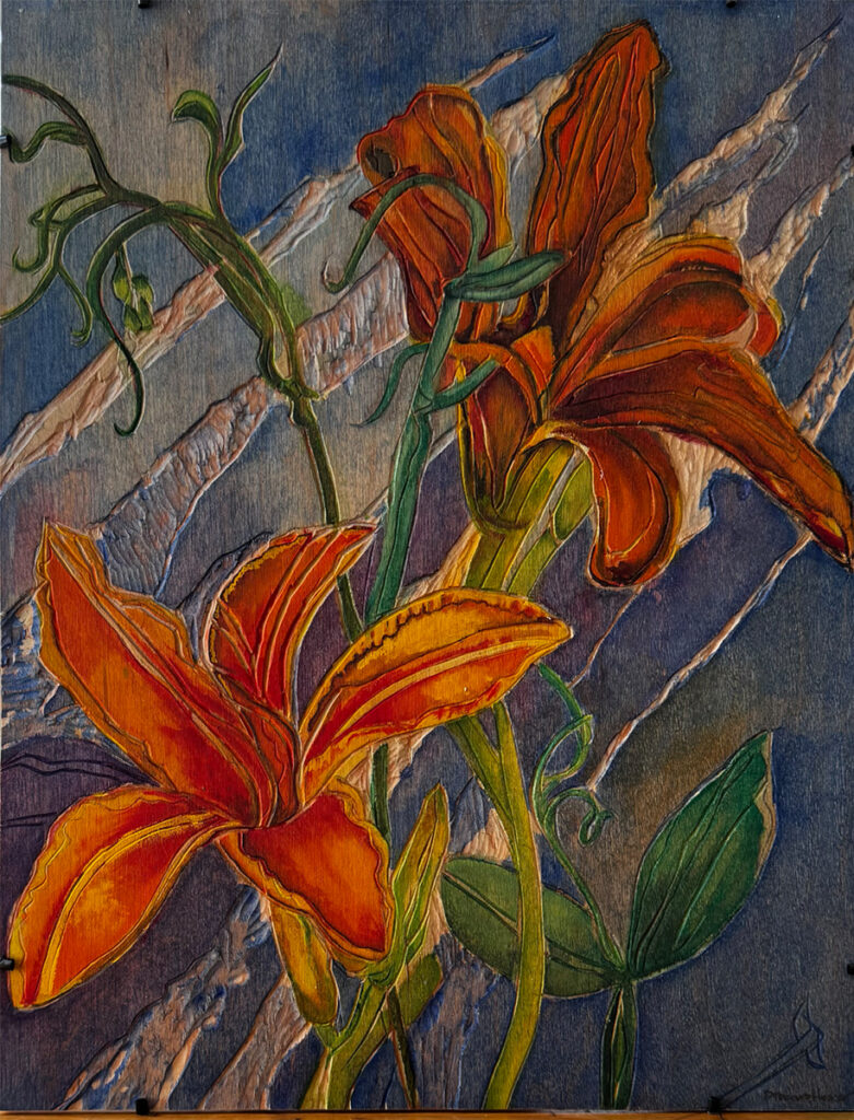 Patricia Hunsinger&nbsp;• <em>Daylilies I</em>&nbsp;• Watercolor on maple wood, wax varnish&nbsp;• 11″×&nbsp;14″&nbsp;• $350.00<a class="purchase" href="https://state-of-the-art-gallery.square.site/product/patricia-hunsinger-daylilies-i/EVUW36RKPHEDELKQTDA4OLCU" target="_blank">Buy</a>