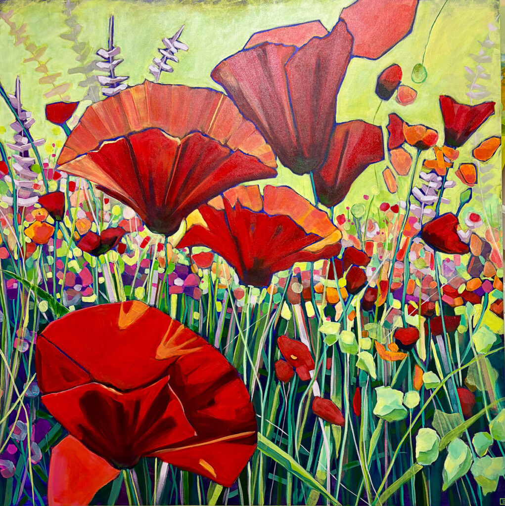 Cindy Kaufman&nbsp;• <em>Bee's View</em>&nbsp;• Acrylic on gallery-wrapped canvas, edges finished&nbsp;• 48″×&nbsp;48″&nbsp;• $2,300.00