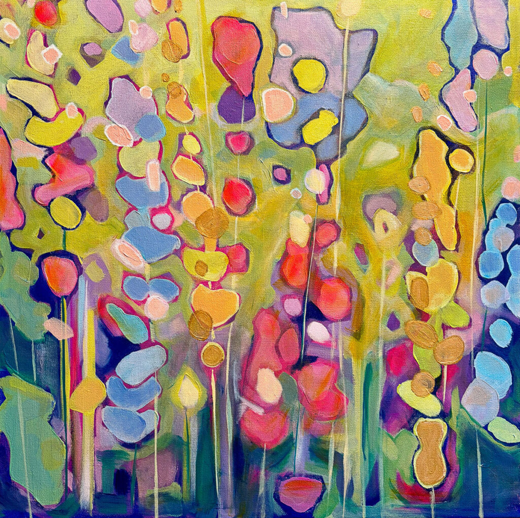 Cindy Kaufman&nbsp;• <em>Floating Petals</em>&nbsp;• Acrylic on gallery-wrapped canvas, edges finished&nbsp;• 20″×&nbsp;20″&nbsp;• $800.00