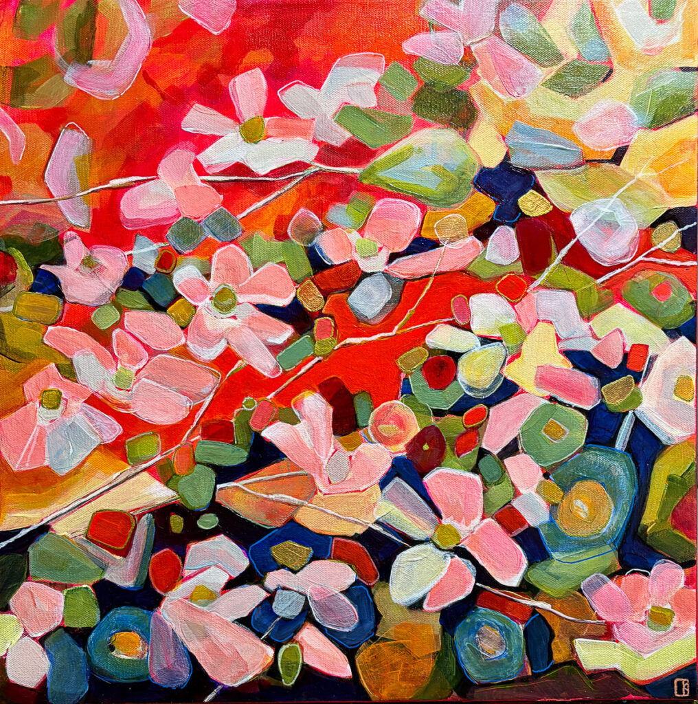 Cindy Kaufman&nbsp;• <em>Flowering Tree in Evening</em>&nbsp;• Acrylic on gallery-wrapped canvas, edges finished&nbsp;• 20″×&nbsp;20″&nbsp;• $800.00