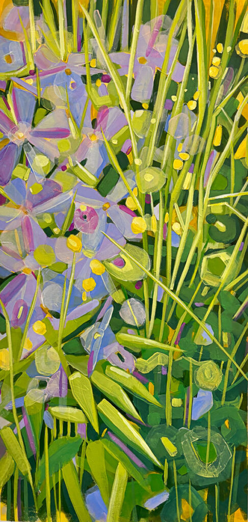 Cindy Kaufman&nbsp;• <em>Flowers in the Grass</em>&nbsp;• Acrylic on canvas in white floating frame&nbsp;• 16″×&nbsp;36″&nbsp;• $1,200.00