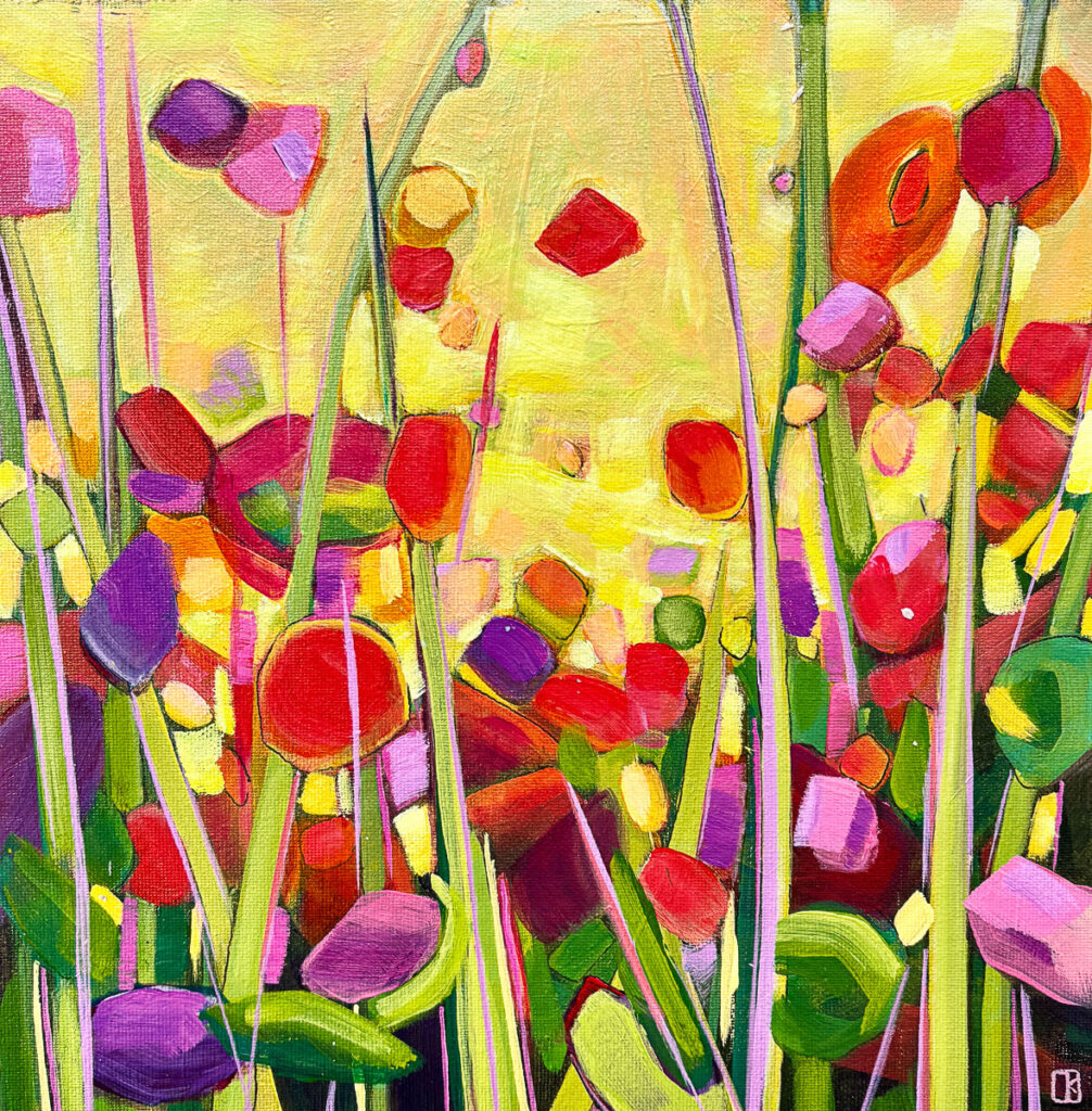 Cindy Kaufman&nbsp;• <em>Flying in the Meadow</em>&nbsp;• Acrylic on canvas mounted on cradled wood panel&nbsp;• 12″×&nbsp;12″&nbsp;• $250.00