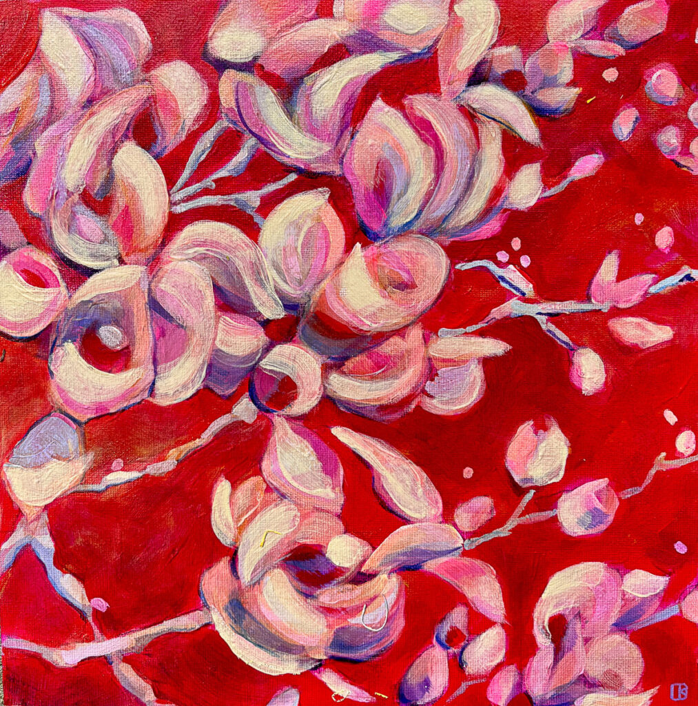 Cindy Kaufman&nbsp;• <em>Magnolia Blaze</em>&nbsp;• Acrylic on canvas mounted on cradled wood panel&nbsp;• 12″×&nbsp;12″&nbsp;• $250.00