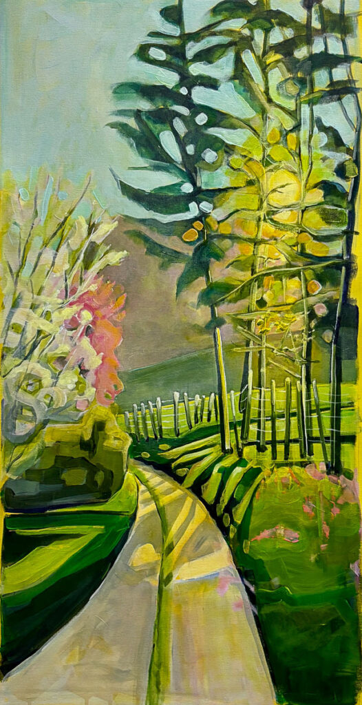 Cindy Kaufman&nbsp;• <em>Mysterious Path</em>&nbsp;• Acrylic on canvas in white floating frame&nbsp;• 16″×&nbsp;36″&nbsp;• $1,200.00