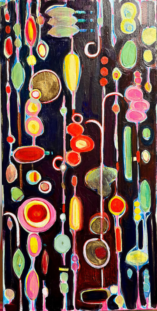 Cindy Kaufman&nbsp;• <em>Night Lights</em>&nbsp;• Acrylic on gallery-wrapped canvas, edges finished&nbsp;• 15″×&nbsp;30″&nbsp;• $900.00