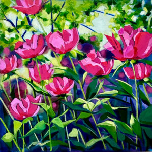 Cindy Kaufman&nbsp;• <em>Pink in the Forest</em>&nbsp;• Acrylic on gallery-wrapped canvas, edges finished&nbsp;• 30″×&nbsp;30″&nbsp;• $1,000.00