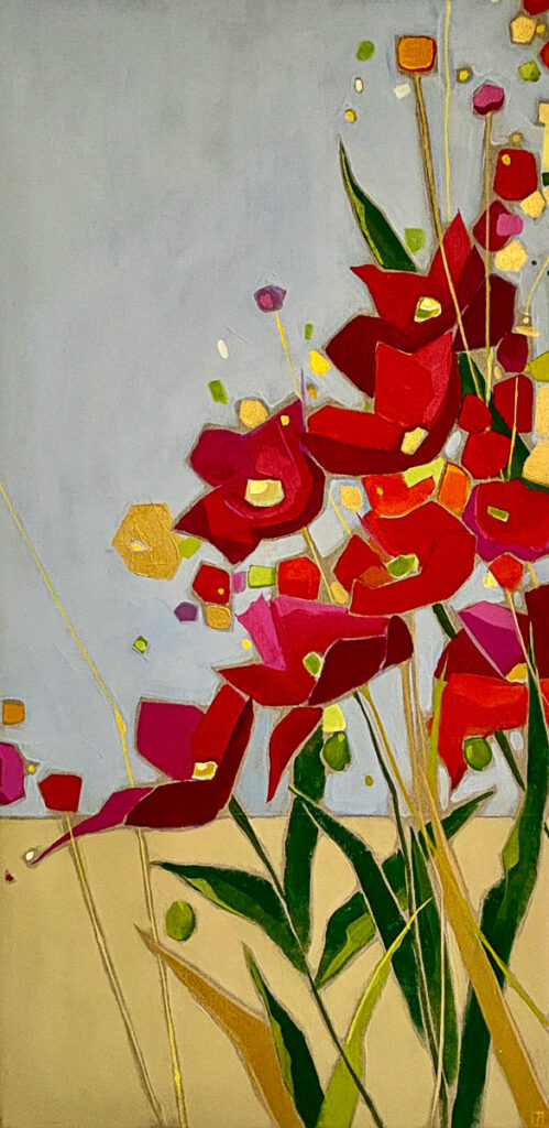 Cindy Kaufman&nbsp;• <em>Poppies Reaching</em>&nbsp;• Acrylic on canvas in white floating frame&nbsp;• 18″×&nbsp;36″&nbsp;• $1,000.00