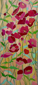 Cindy Kaufman&nbsp;• <em>Poppy Pattern</em>&nbsp;• Acrylic on canvas in white floating frame&nbsp;• 16″×&nbsp;36″&nbsp;• $1,200.00