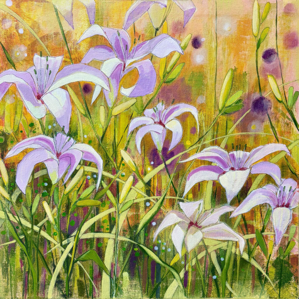 Cindy Kaufman&nbsp;• <em>Tiger Lilies</em>&nbsp;• Acrylic on gallery-wrapped canvas, edges finished&nbsp;• 20″×&nbsp;20″&nbsp;• $800.00