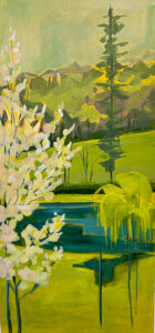 Cindy Kaufman&nbsp;• <em>View to Pond in Springtime II</em>&nbsp;• Acrylic on canvas in white floating frame&nbsp;• 16″×&nbsp;36″&nbsp;• $1,200.00