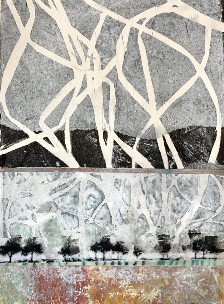 carol spence&nbsp;• <em>winter light</em>&nbsp;• Monoprint, framed&nbsp;• 13″×&nbsp;17″&nbsp;• $250.00