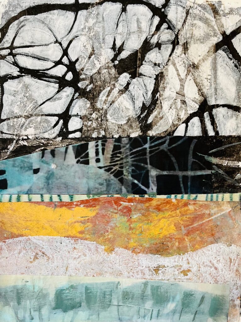 Carol Spence&nbsp;• <em>After the Thaw</em>&nbsp;• Monoprint, framed&nbsp;• 13″×&nbsp;17″&nbsp;• $250.00
