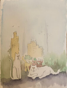 Margy Nelson&nbsp;• <em>Cats in the City</em>&nbsp;• Watercolors&nbsp;• 16″×&nbsp;20″&nbsp;• $225.00