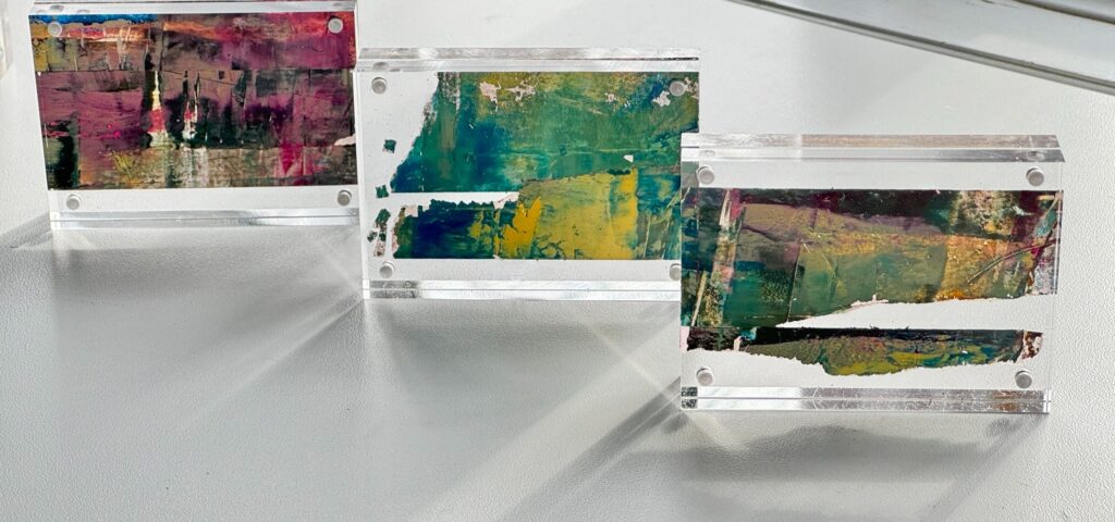 Sheila Danko • <em>Imaginary Landscapes #9, 10 ,11</em> • Oil and cold wax on translucent tape • 3½″× 2½″ • NFS