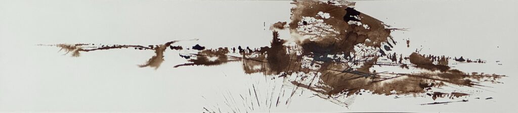 Sheila Danko • <em>LandsFlow, #16</em> • Walnut ink on museum board • 32″× 7″ • NFS