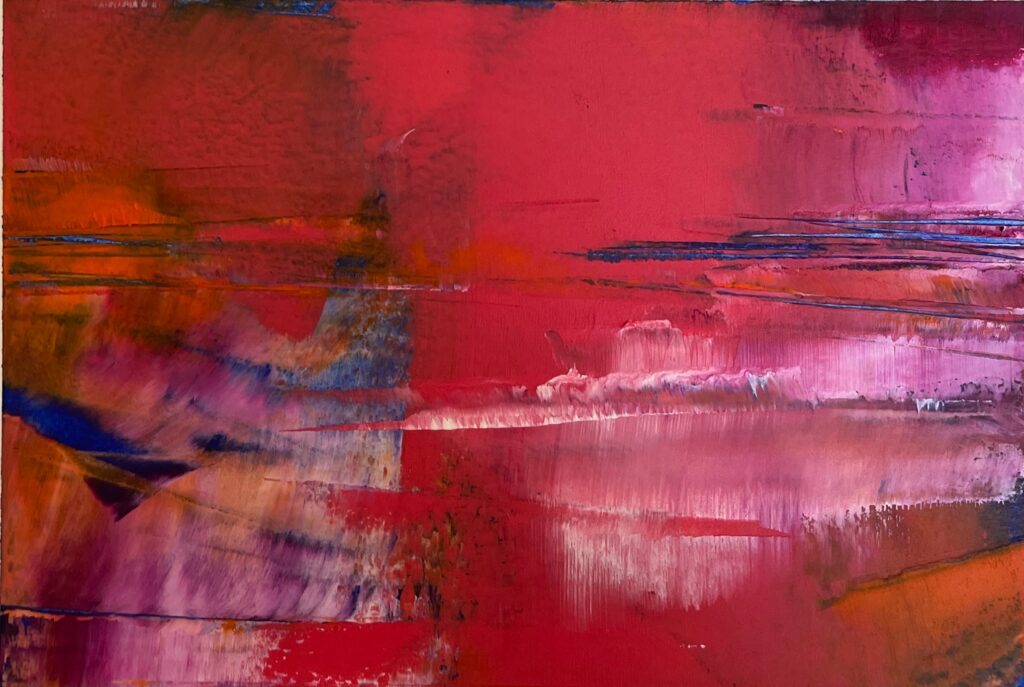 Sheila Danko • <em>Red Sky in Morning</em> • Oil and cold wax on Arches oil paper • 9″× 6″ • NFS