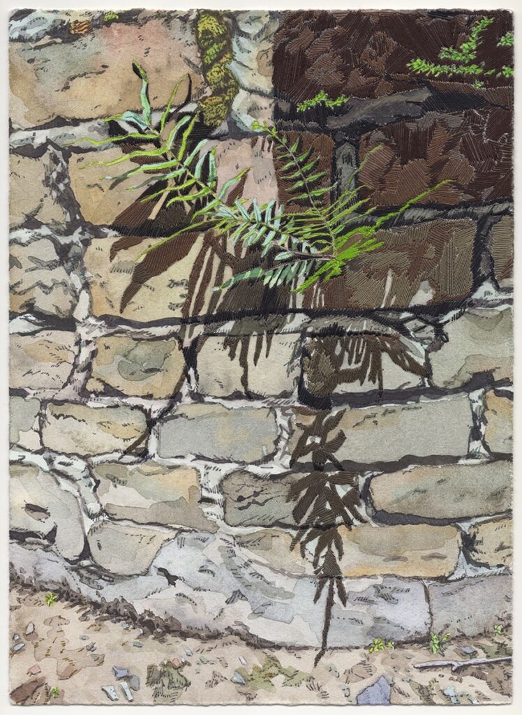 Dara Engler&nbsp;• <em>Fern Shadow</em>&nbsp;• Watercolor, embroidery, and colored pen on paper&nbsp;• 8″×&nbsp;11″&nbsp;• $900.00
