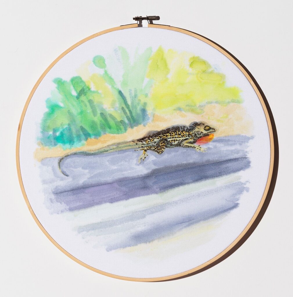 Dara Engler&nbsp;• <em>Lizard</em>&nbsp;• Acrylic and embroidery on fabric&nbsp;• 14″×&nbsp;14″&nbsp;• $900.00