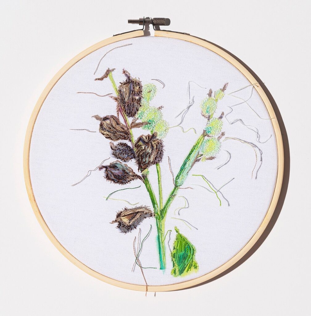 Dara Engler&nbsp;• <em>Pods</em>&nbsp;• Acrylic and embroidery on fabric&nbsp;• 8″×&nbsp;8″&nbsp;• $500.00