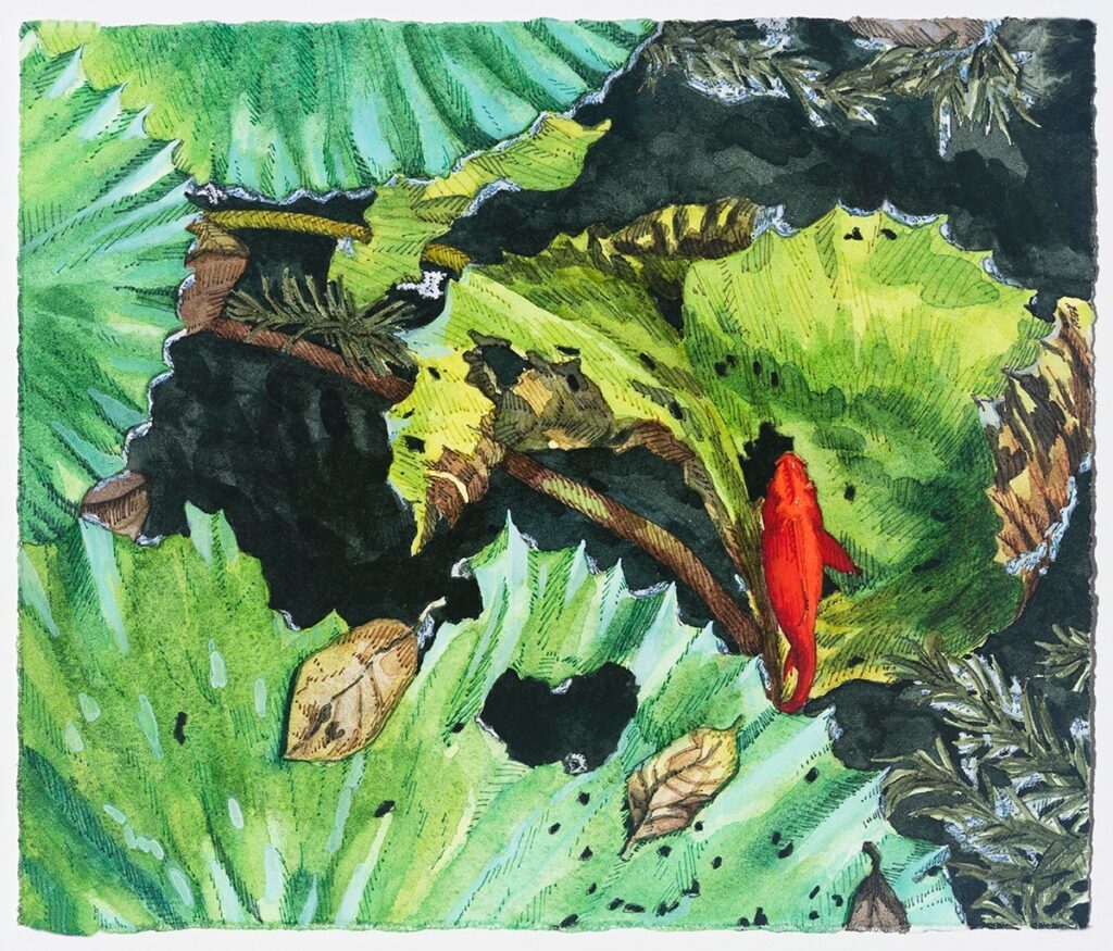 Dara Engler&nbsp;• <em>Pond</em>&nbsp;• Watercolor, embroidery, and colored pen on paper&nbsp;• 10″×&nbsp;8½″&nbsp;• $600.00