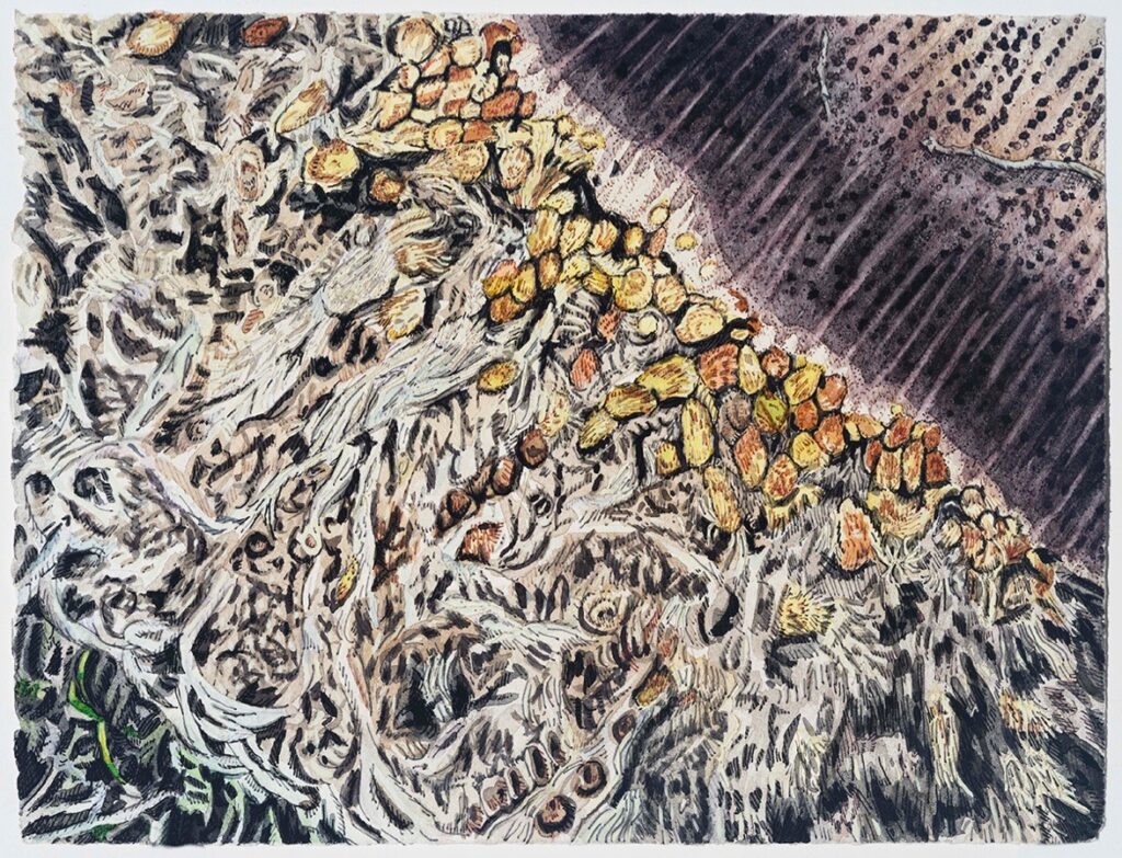 Dara Engler&nbsp;• <em>Stump</em>&nbsp;• Watercolor, embroidery, and colored pen on paper&nbsp;• 12″×&nbsp;9¼″&nbsp;• $1,000.00